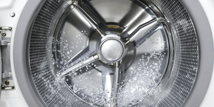  Close-up view of a washing machine with water flowing, showcasing the washing process in action.
